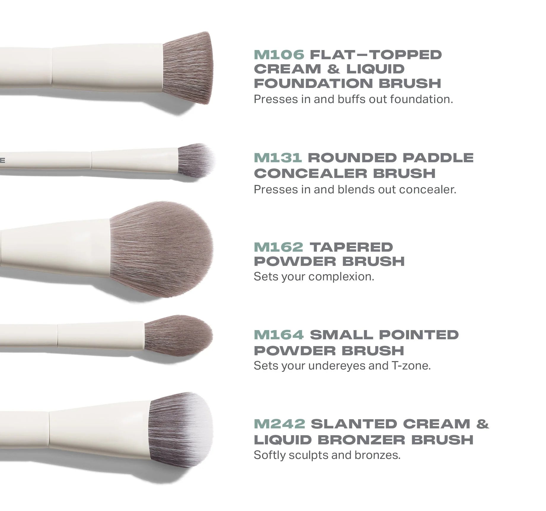 Set of Morphe makeup brushes with descriptions on a white background