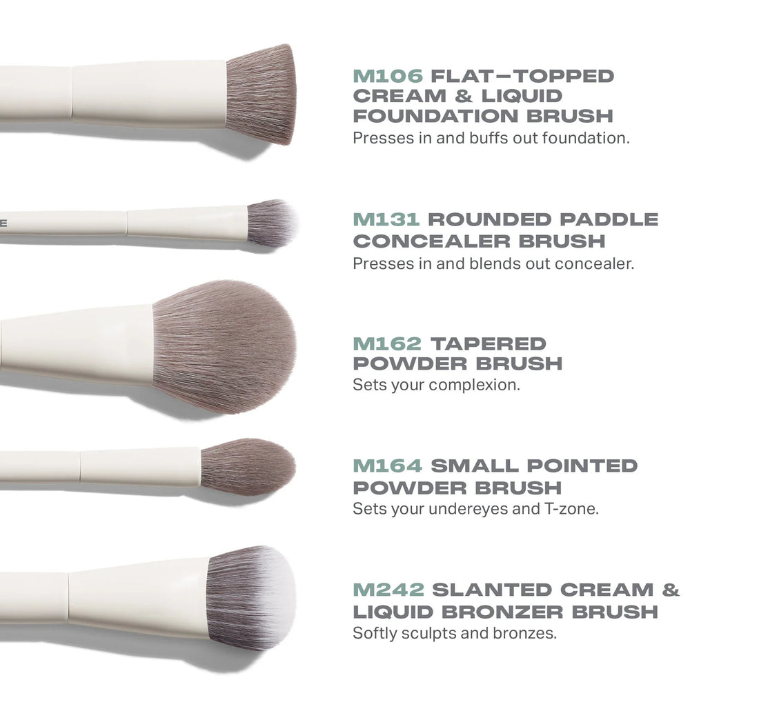Set of Morphe makeup brushes with descriptions on a white background