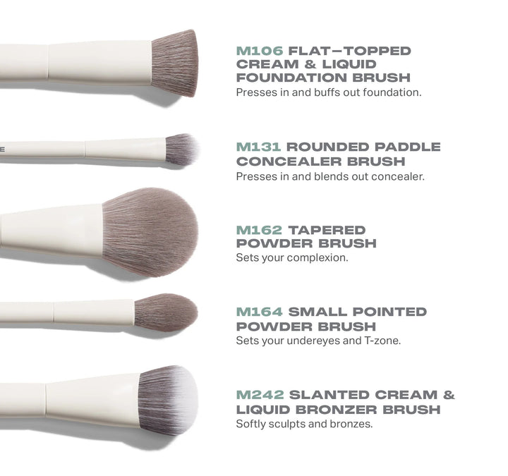 Set of Morphe makeup brushes with descriptions on a white background