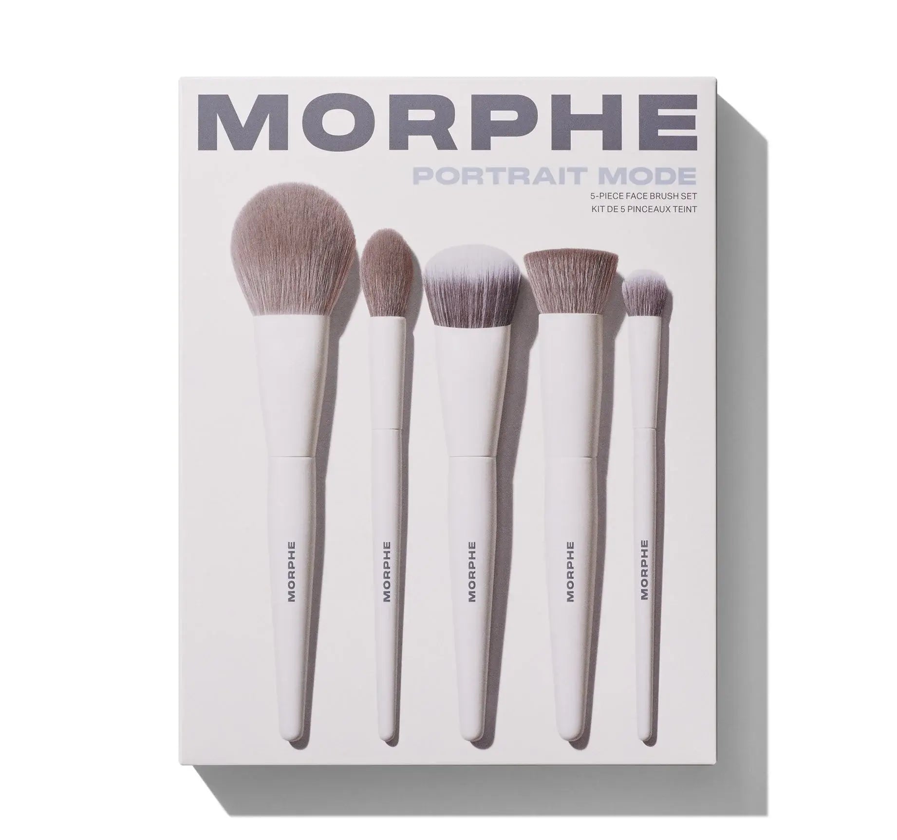 Morphe makeup brush set packaging with five brushes on a white background