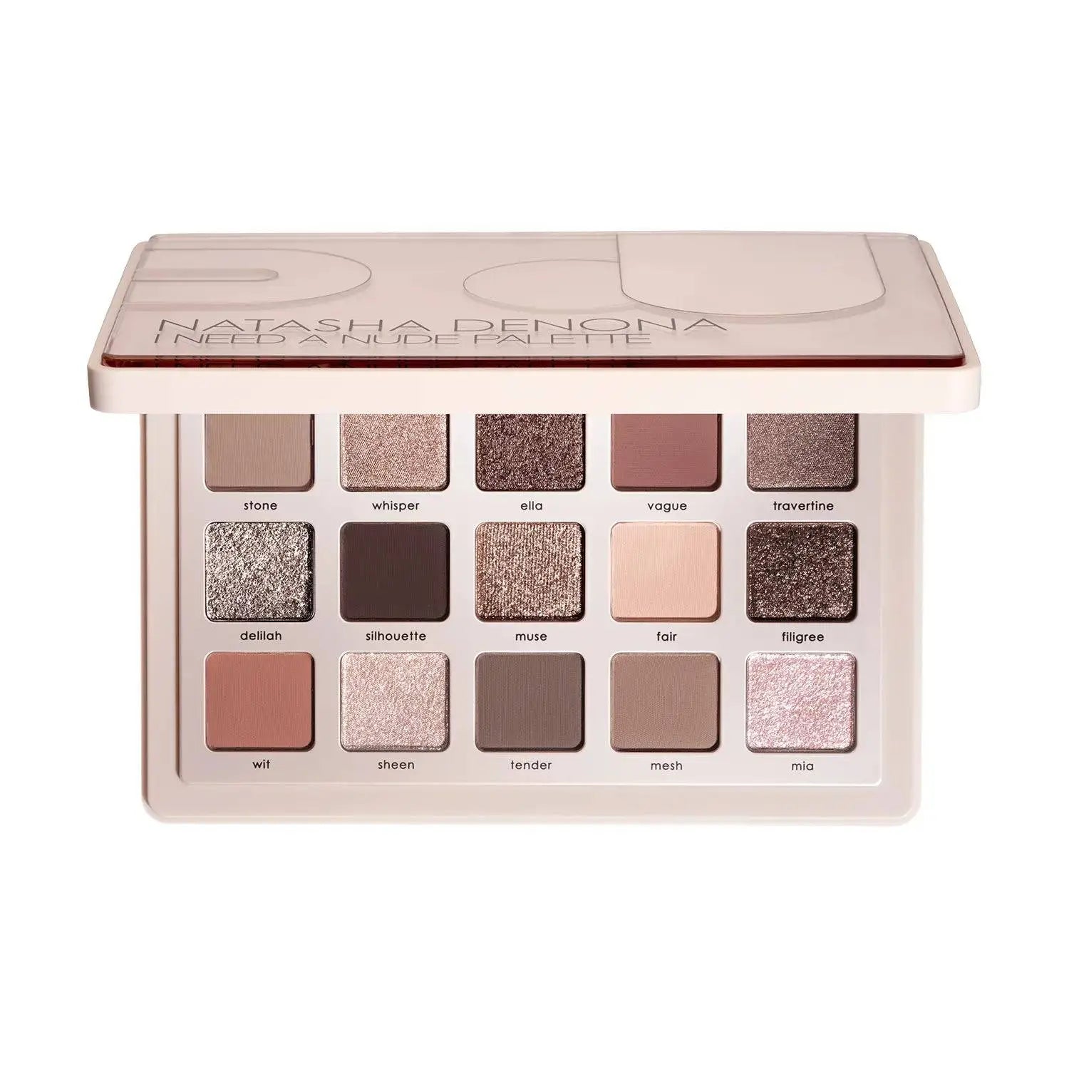 Natasha Denona I need a Nude Palette with 16 eyeshadow pans in neutral shades, shown open against a plain white background.