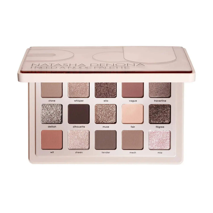 Natasha Denona I need a Nude Palette with 16 eyeshadow pans in neutral shades, shown open against a plain white background.