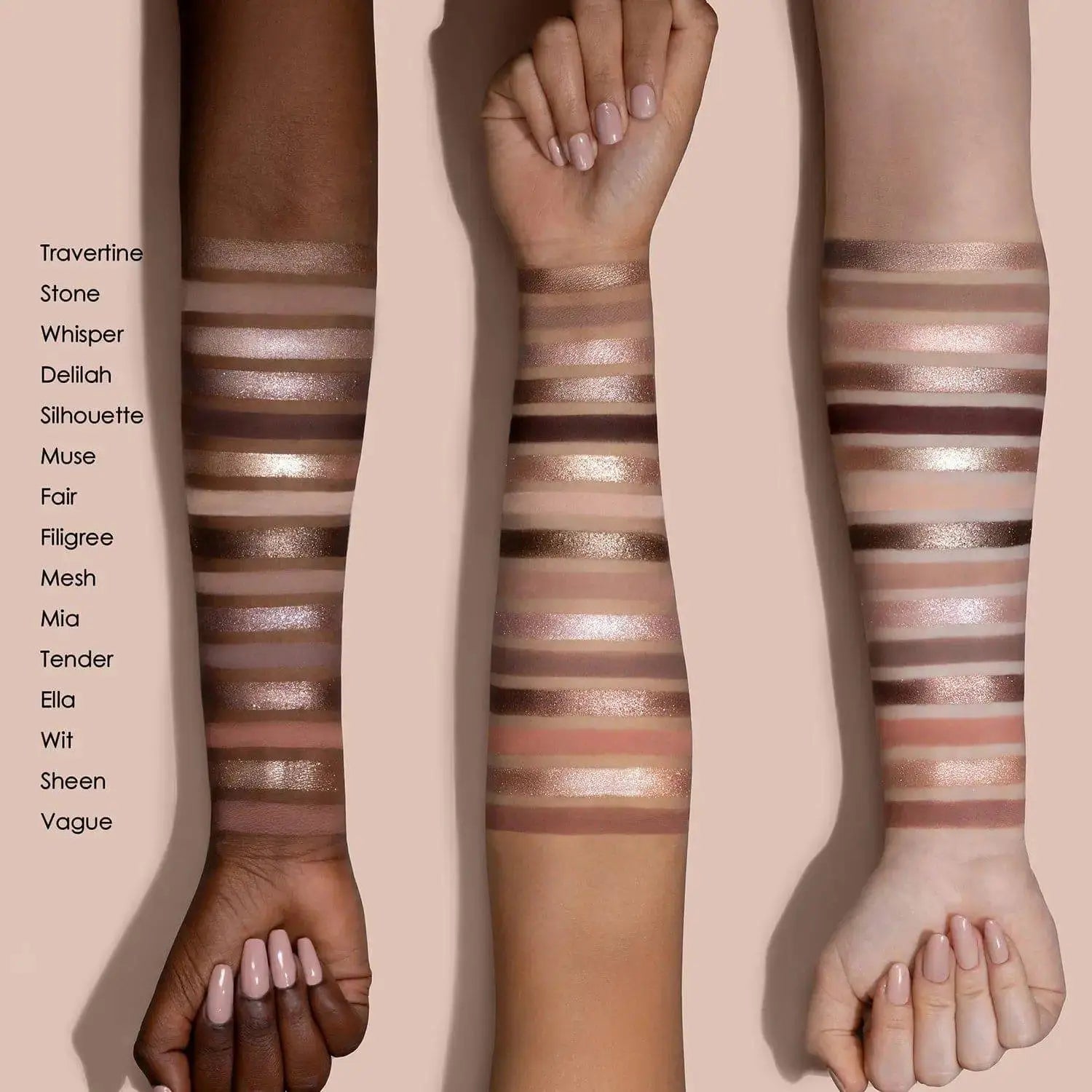 Three arms with striped color swatches of Natasha Denona I need a Nude Palette on a beige background, labeled with color names.
