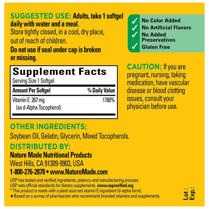 Nature Made Vitamin E 400 IU – 100 Softgels - MANSH