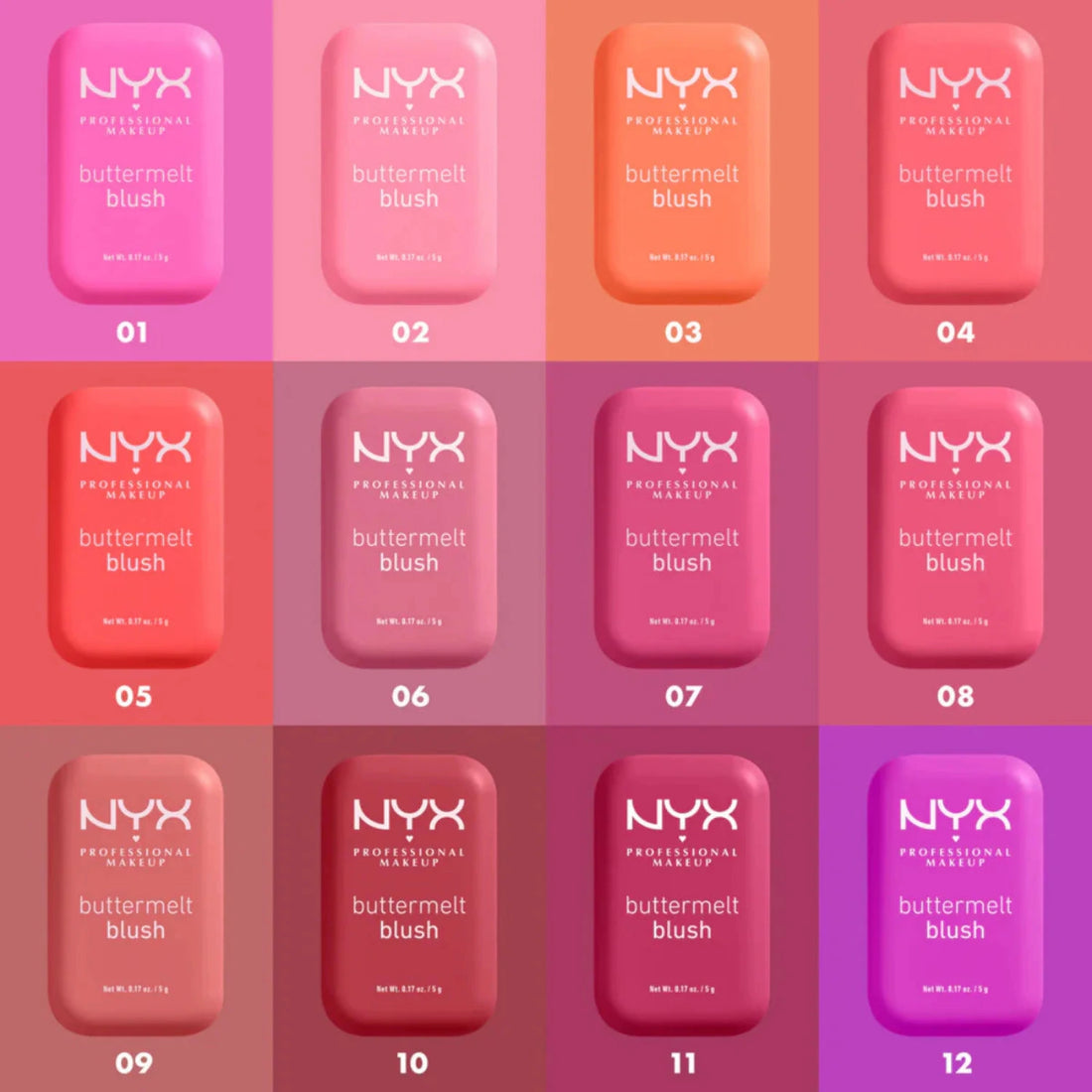 NYX Professional Makeup buttermelt blushes in various shades on a gradient background