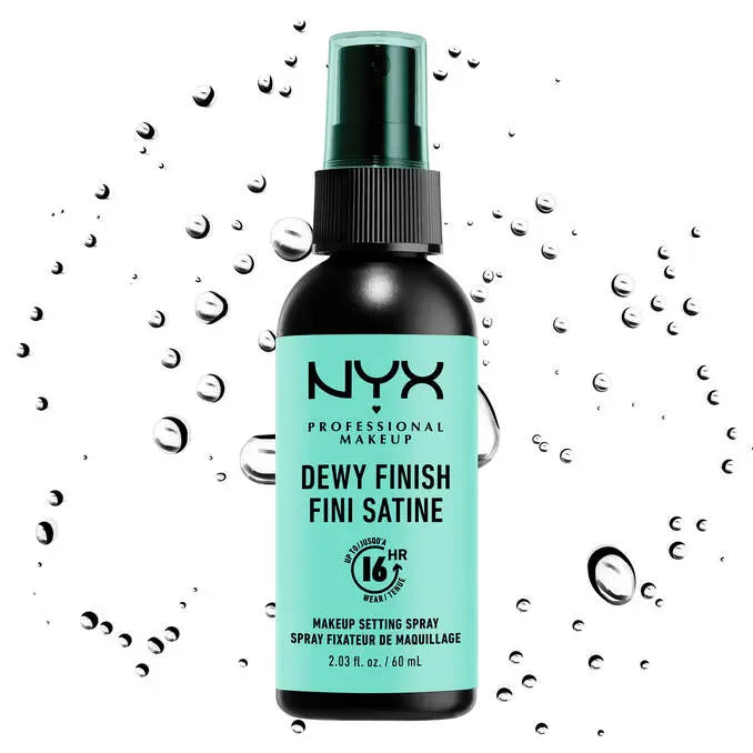 NYX Professional Makeup Dewy Finish setting spray bottle on a white background with water droplets.