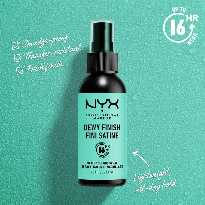 NYX Professional Makeup Dewy Finish Fini Satine makeup setting spray in a black bottle with a mint green label, set against a matching mint green water-droplet background with product feature text overlays.