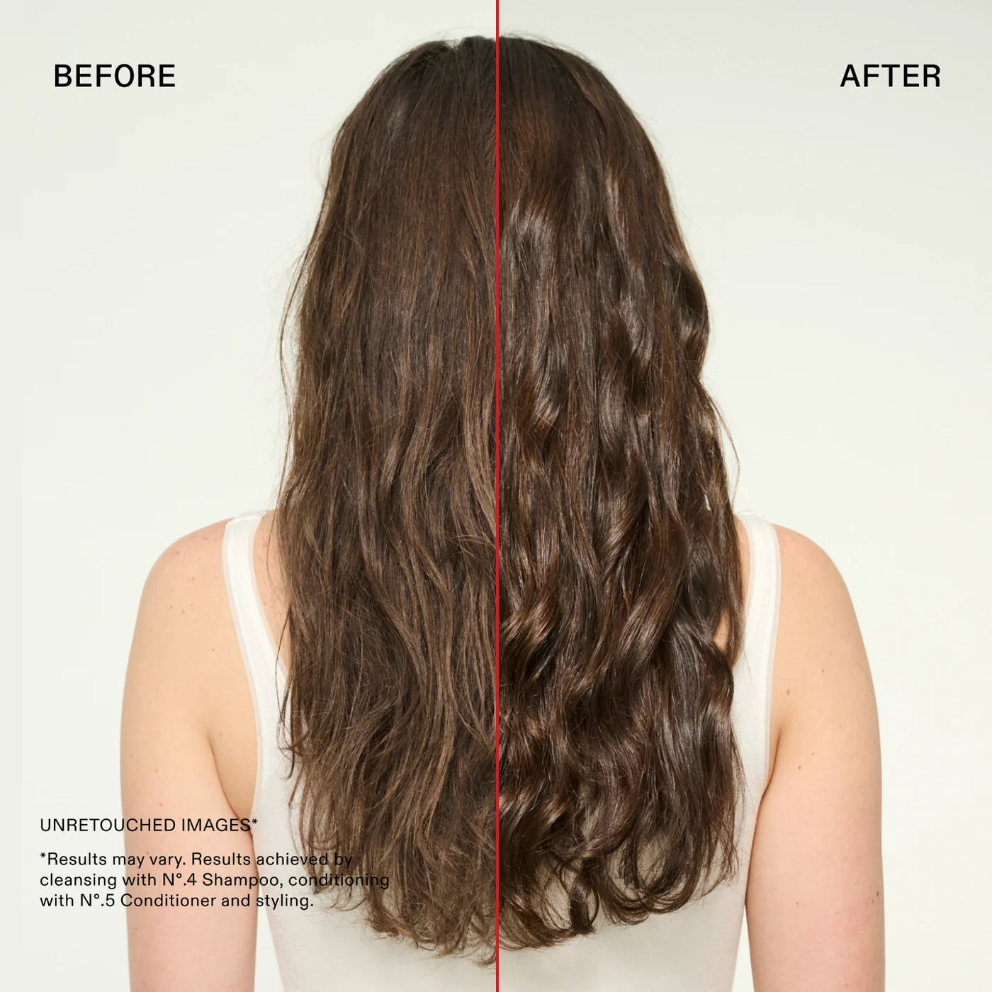 Before and after comparison of a woman using Olaplex No. 4 Bond Maintenance Strengthening Shampoo, wavy brown hair, shown from the back. The left side is labeled 'BEFORE' and shows drier, less voluminous hair, while the right side is labeled 'AFTER' and shows smoother, shinier, and more styled hair.
