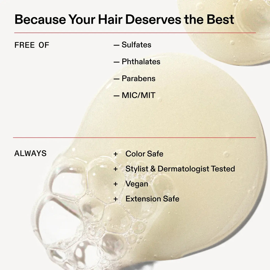 A close-up of a creamy beige  fluid of Olaplex No. 4 Bond Maintenance Strengthening Shampoo spread on a white background with text listing benefits: free of sulfates, phthalates, parabens, and mic/mit, always color safe, stylist and dermatologist tested, vegan, and extension safe.