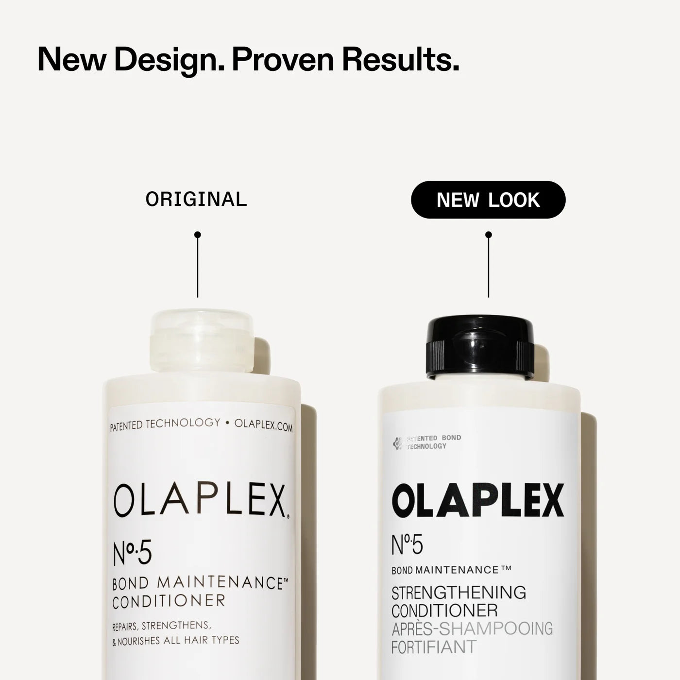 Olaplex Nº.5 Bond Maintenance Strengthening Conditioner full-size bottle old vs new packing on a white background