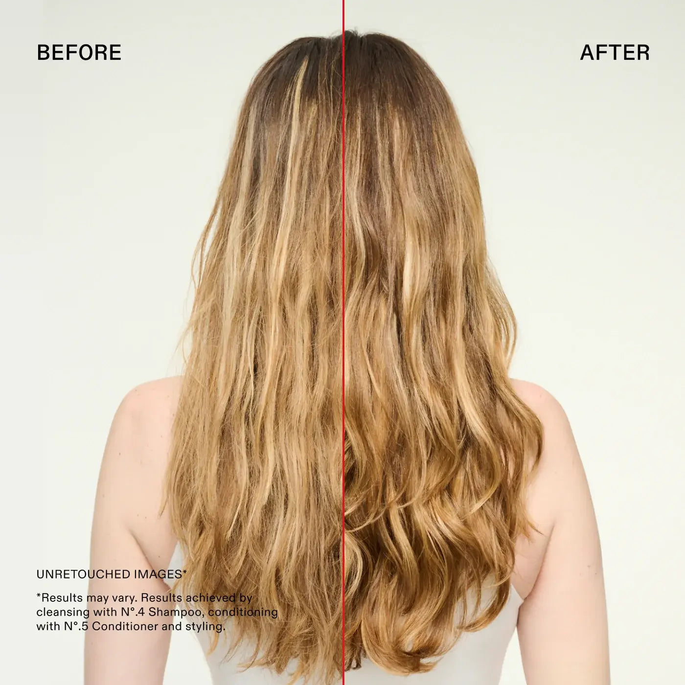 beBefore and after comparison of a model hairs after using Olaplex Nº.5 Bond Maintenance Strengthening Conditioner