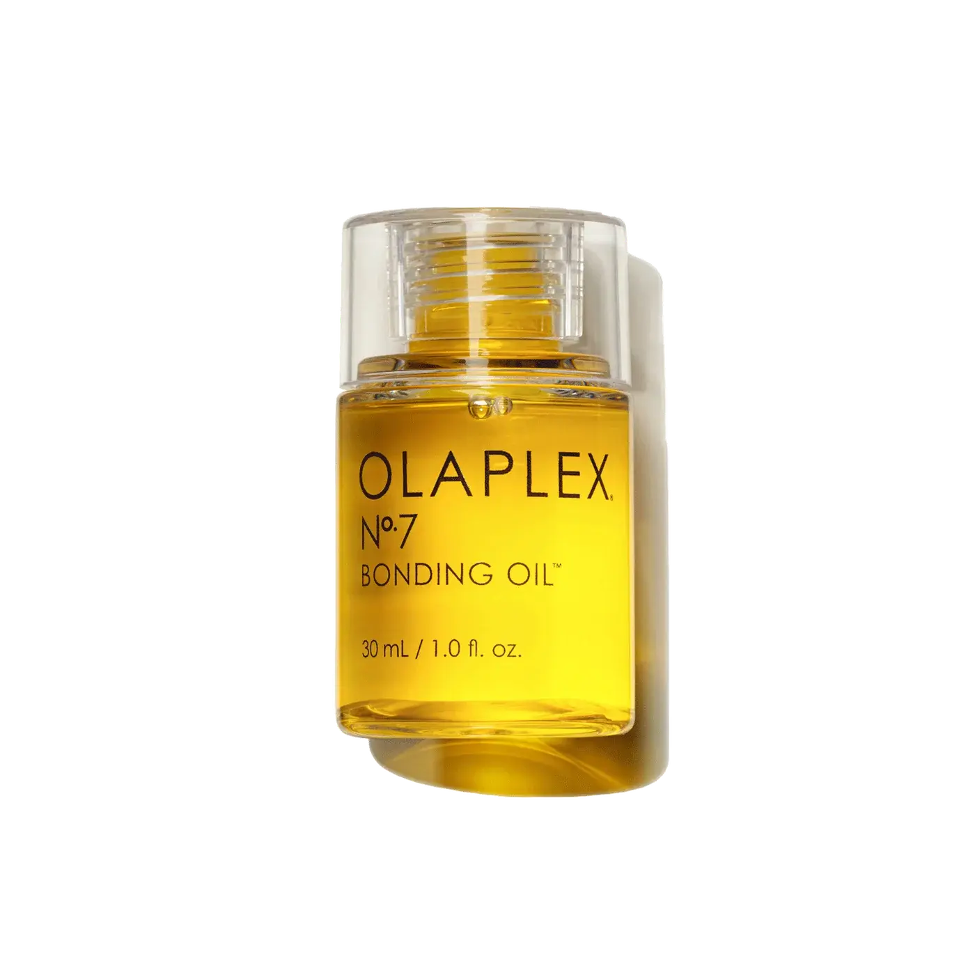 A 30 mL clear bottle of OLAPLEX No. 7 Bonding Oil filled with golden yellow liquid, set against a plain white background with a soft shadow.