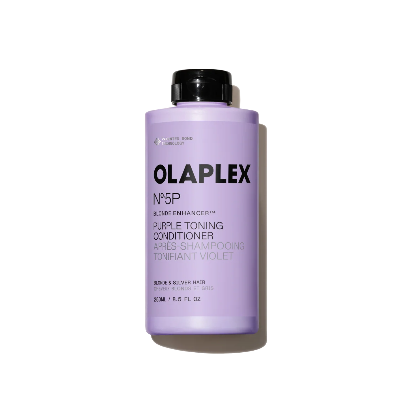 A 250ml bottle of Olaplex N°5P Purple Toning Conditioner for blonde and silver hair, featuring a light purple body and a black cap, set against a plain white background with a soft shadow.