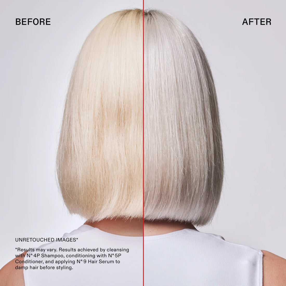 Before-and-after hair result photo showing the back of a person's head with a straight bob haircut. The left side is labeled BEFORE and appears light blonde, while the right side is labeled AFTER and appears slightly darker ash blonde to gray-blonde.