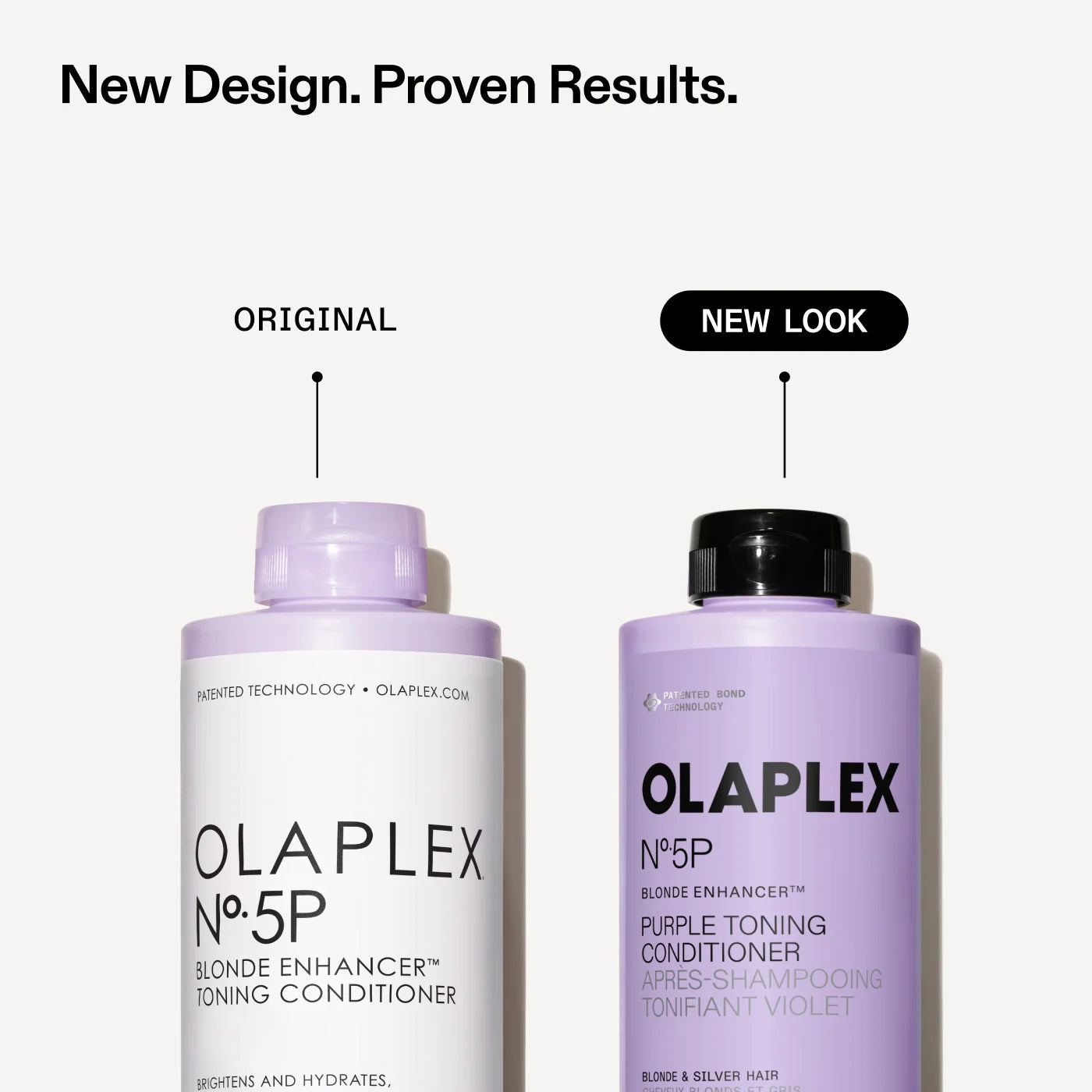 Old and New look of Olaplex No. 5P toning conditioner bottles on a light gray background, with text reading 'New Design.