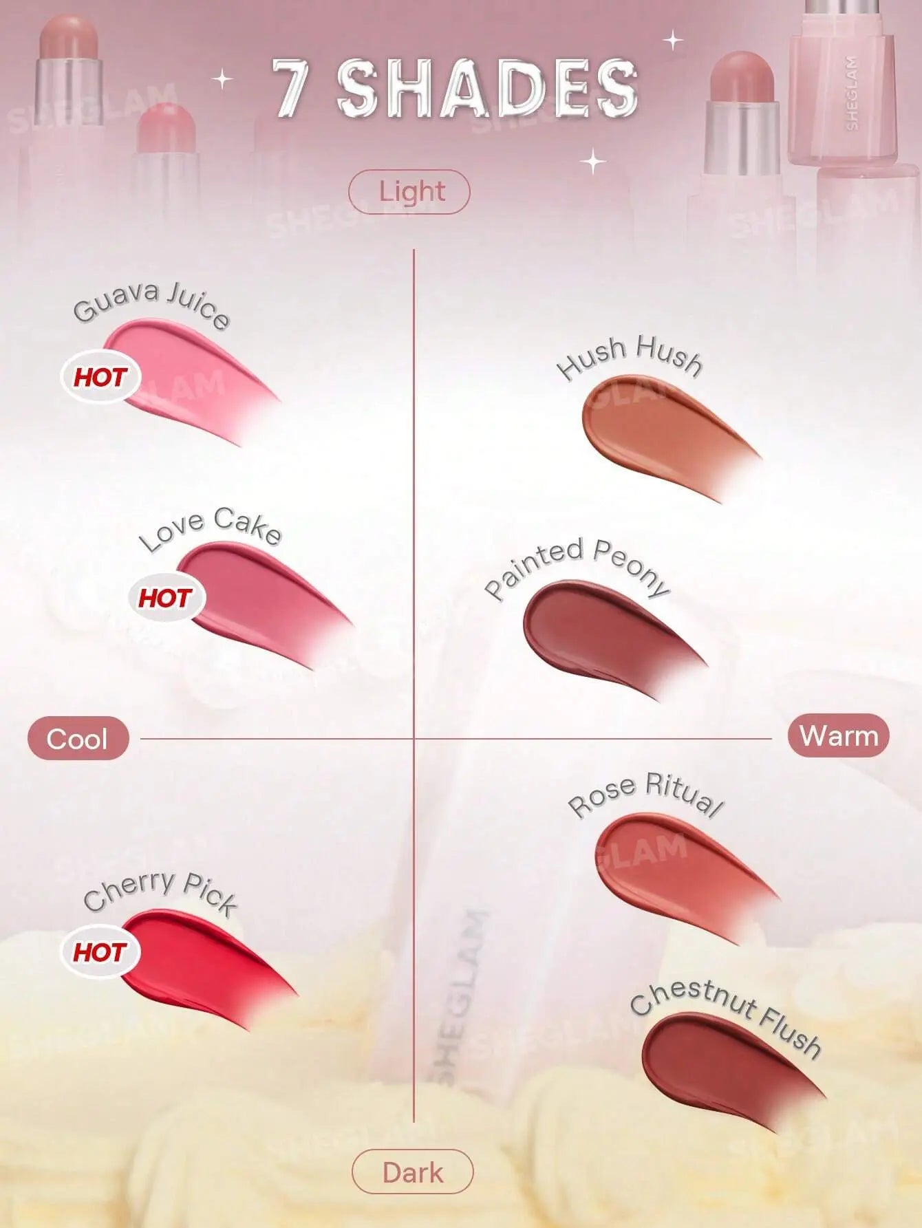 Sheglam Buttery Bliss Blush Stick 6g swatches with 7 shades on a light pink background