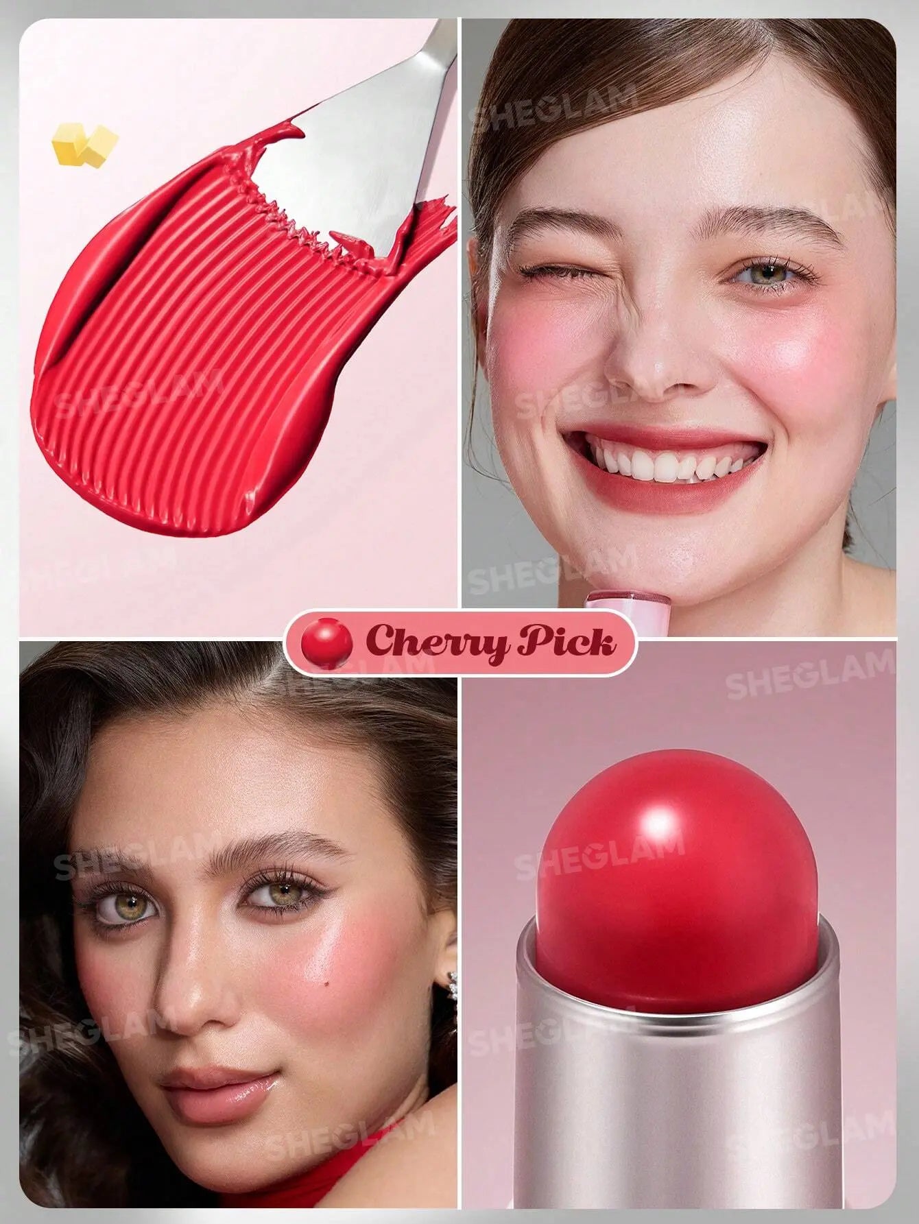 Collage of Sheglam Buttery Bliss Blush Stick 6g with close-up shots, a woman wearing it, and the product packaging.