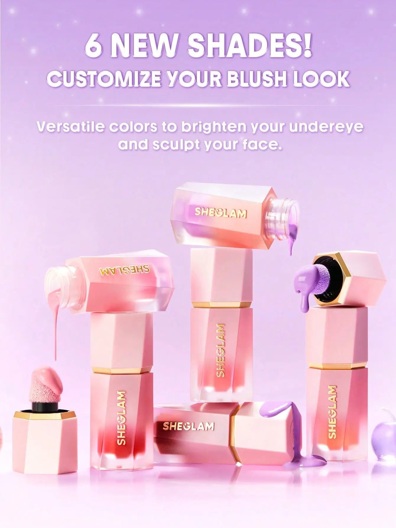 Sheglam blush products on a purple background with text about new shades and customization options.