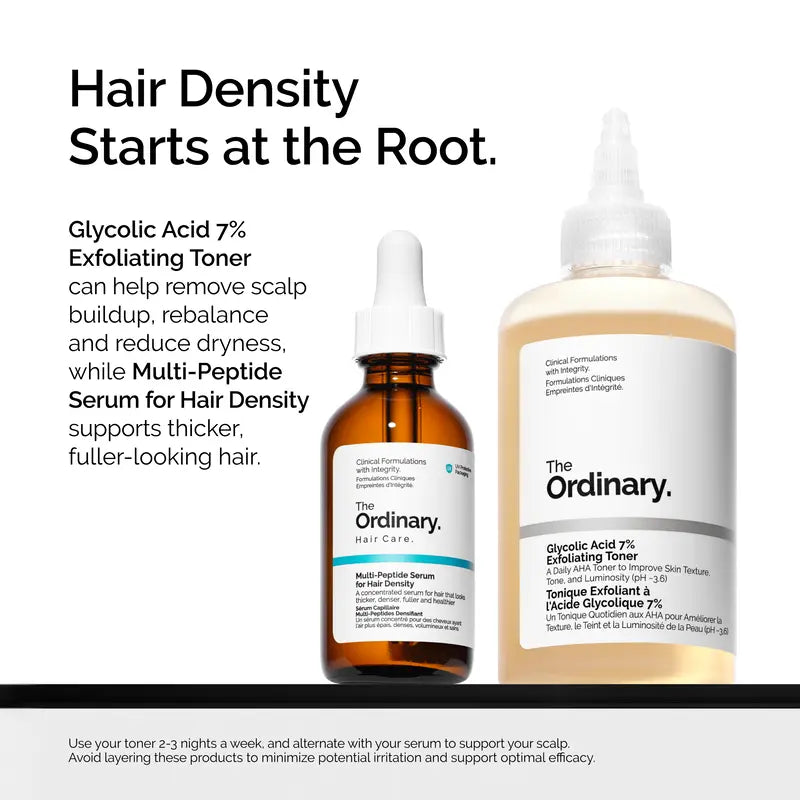 Two bottles of The Ordinary hair care products on a white background: an amber glass dropper bottle of Multi-Peptide Serum and a beige exfoliating toner bottle. Text on the left explains scalp buildup and hair density benefits.