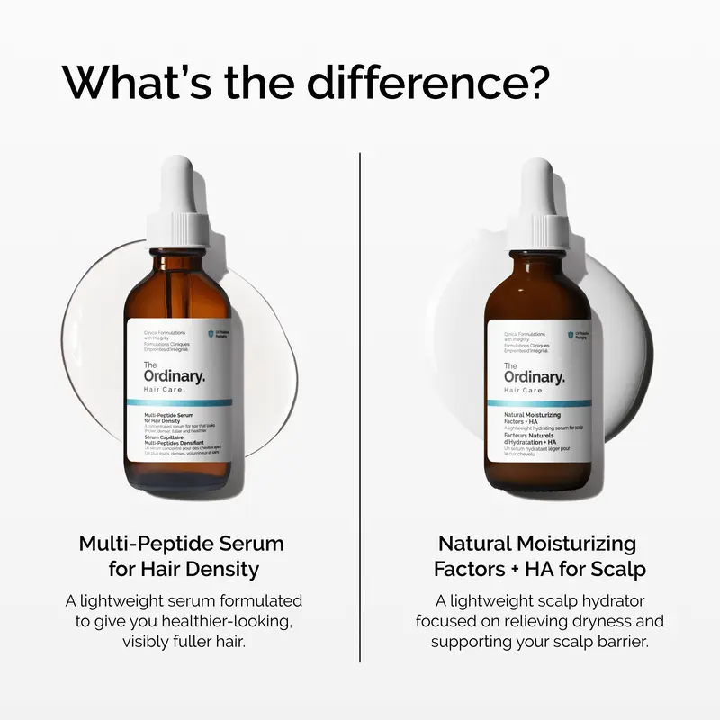 Two bottles of 'The Ordinary' skincare products on a white background with text explaining their uses.