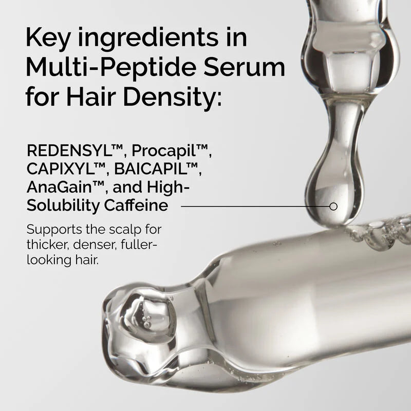 The Ordinary Multi-Peptide Serum for Hair Density with key ingredients listed on a white background