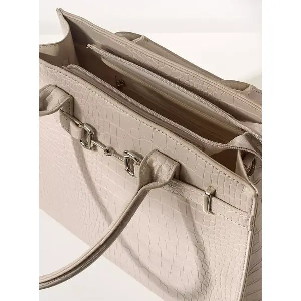 MAX FASHION Textured Tote Bag with Double Handle & Metal Accent – Cream | Stylish Everyday Handbag