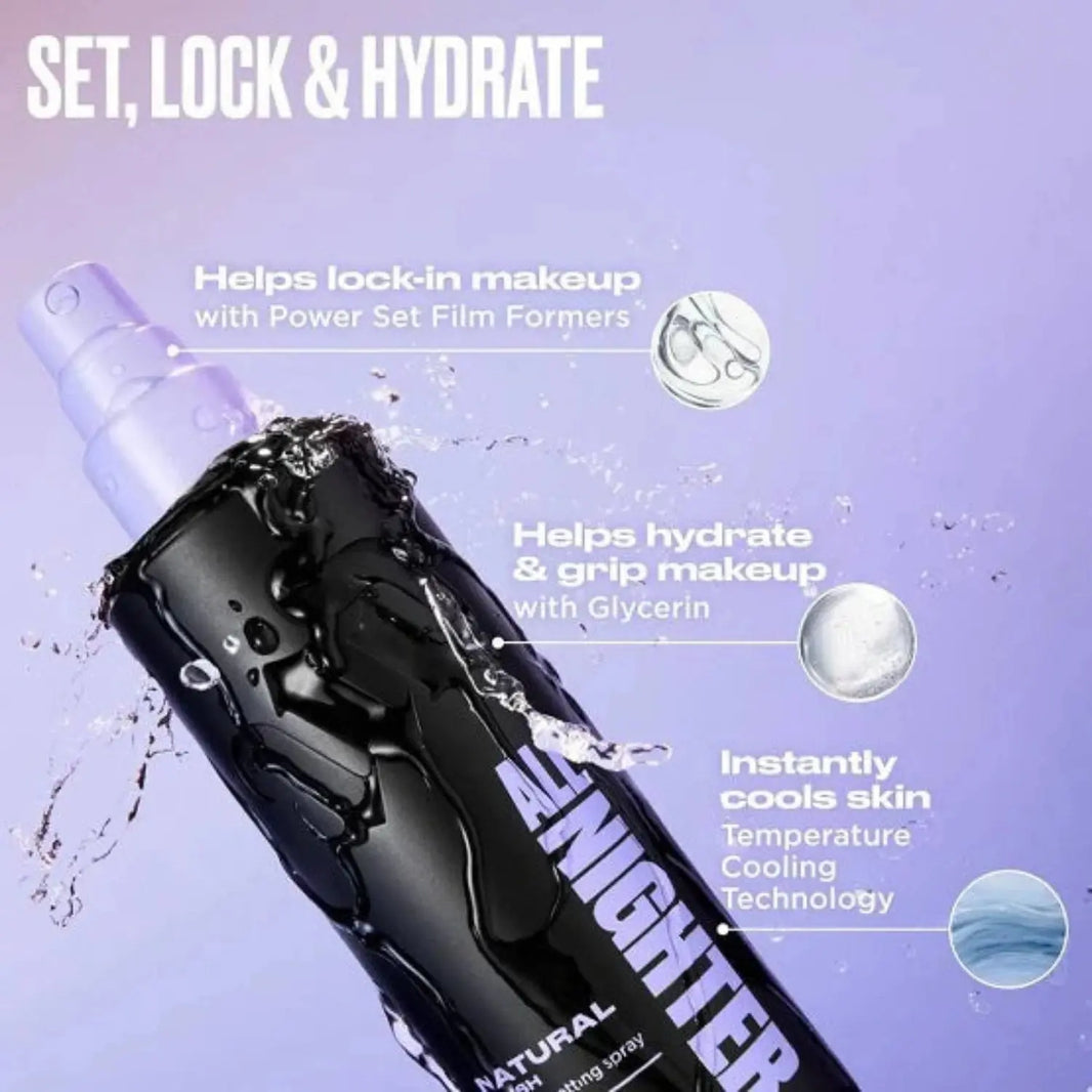 All Nighter Makeup setting spray with text on a purple background | MANSH