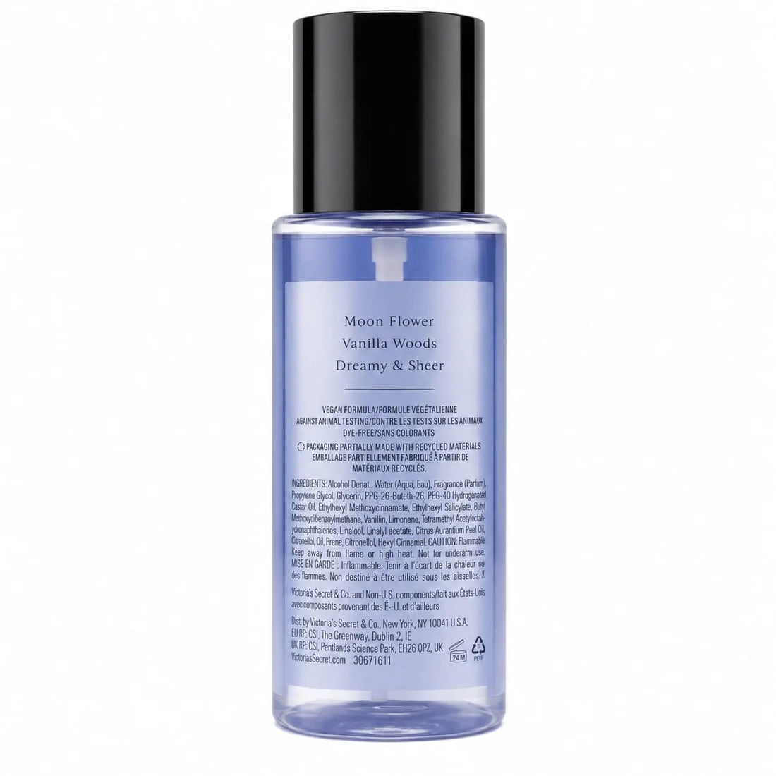 Victoria's Secret Midnight Bloom Fragrance Mist in a 75ml (2.5 fl oz)  with a black cap and a blue label, showing ingredients against a plain white background.