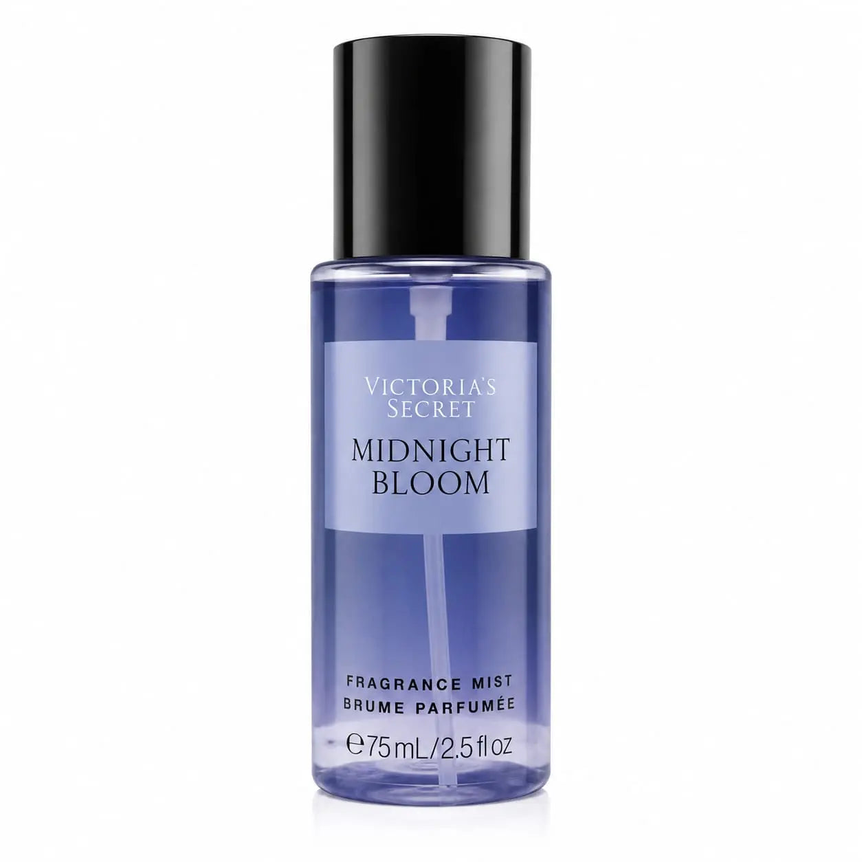 Victoria's Secret Midnight Bloom Fragrance Mist in a 75ml (2.5 fl oz) clear bottle showing the blue liquid inside, with a black cap and a light blue label.