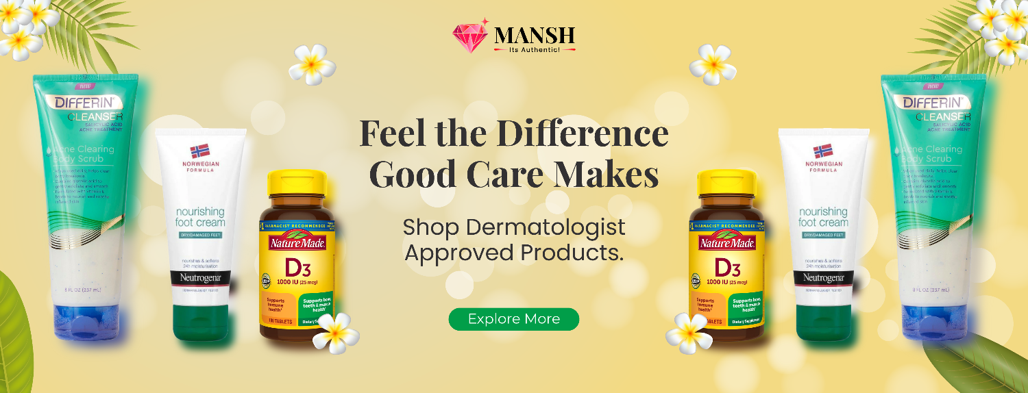 Mansh skincare and supplement products on a yellow background with text promoting dermatologist-approved products.